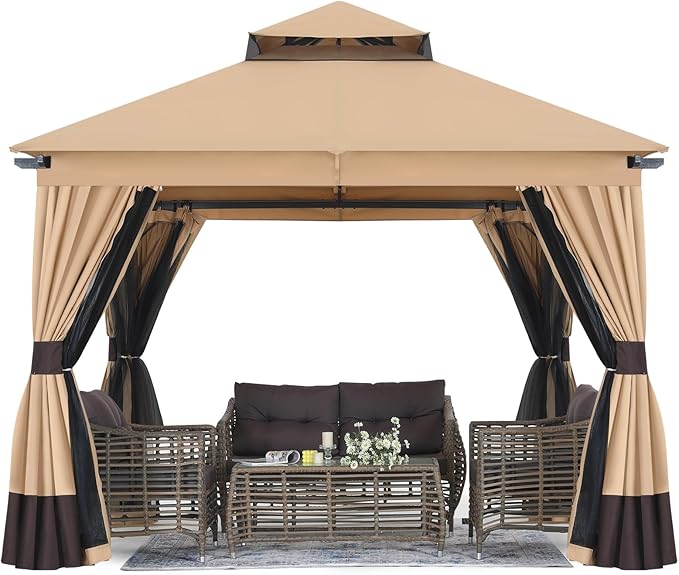 MASTERCANOPY 10x10FT Outdoor Patio Gazebo with Double Roofs, Mosquito Netting and Privacy Screens for Backyard, Garden, Lawn, Beige