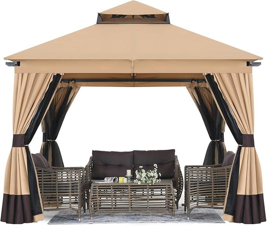 MASTERCANOPY 10x10FT Outdoor Patio Gazebo with Double Roofs, Mosquito Netting and Privacy Screens for Backyard, Garden, Lawn, Beige