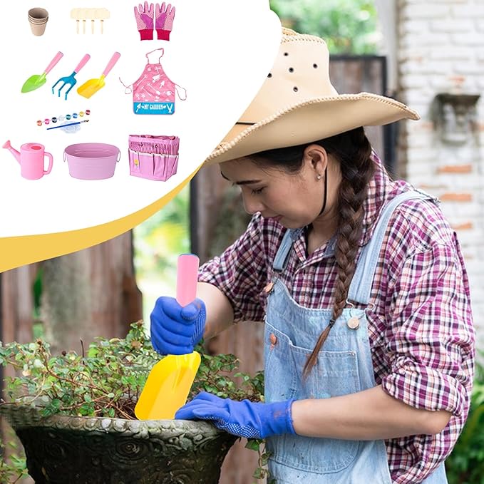 Kids Gardening Tools, 20-Piece Outdoor Garden Toy Set, Fun Child Gardening Play Kit with Watering Can, Shovel, Rake, Gloves, and Storage Bag for Boys and Girls