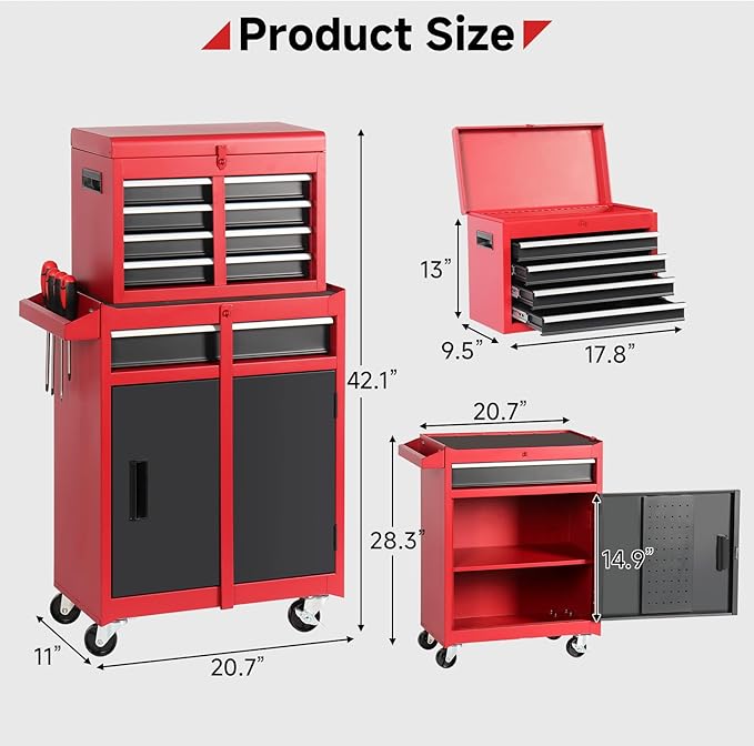Rovibek Tool Chest, 5-Drawer Metal Tool Box with Wheels, Rolling Tool Chest with Foam Packaging, Lockable Wheels, Detachable Top Tool Box, Tool Storage Cabinet for Garage Workshop Warehouse, Pure Red