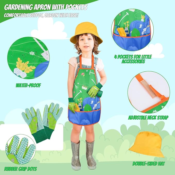 Magic4U Kids Gardening Tools Set, 22 Pcs Metal Garden Tools Toys with Apron, Gloves, Wood Handle Shovel, Rake, Hoe and Leaf Rake, Outdoor Digging Toys Gifts for Kids Age 3+