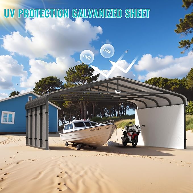 20x20 Metal Carport, Heavy Duty 2-Car Carport Canopy, Galvanized Steel Roof Car Tent Garage, CarPorts with Removable Polyethylene Sidewalls