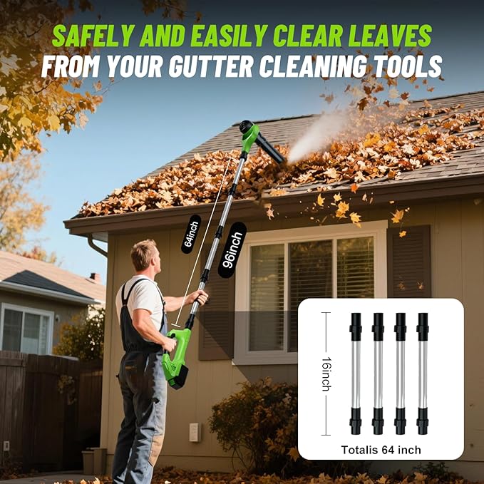 Roof Gutter Cleaning from The Ground, 21V Leaf Blowers Cordless with 2 Battery, Adjustable Pole (98inch)3 Speed Modes 500CFM/180MPH for Gutter Cleaner Extension Attachment Kit for Garden,House