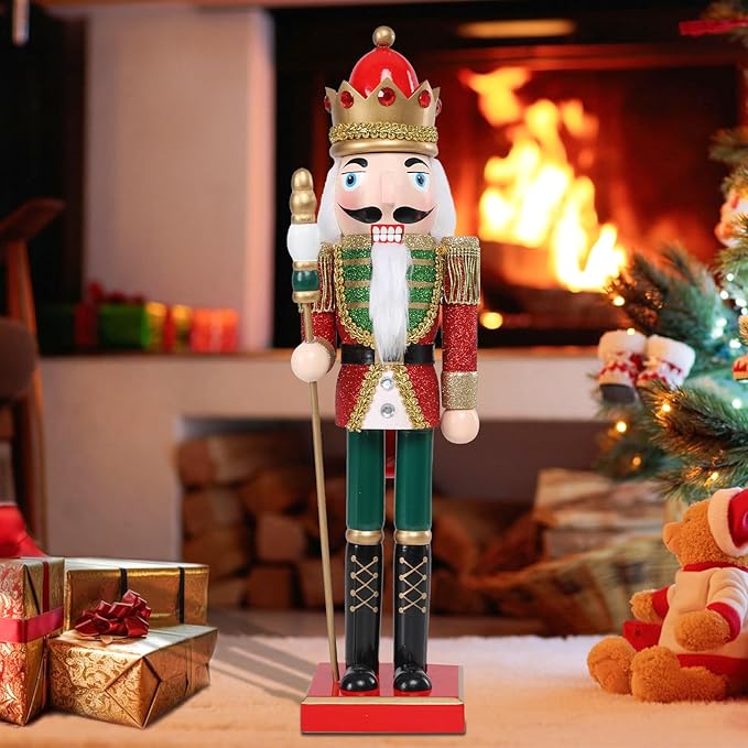 Christmas Nutcracker Decorations Nutcracker Figure 15 Inch Wooden Nutcrackers Collectible Ornament Nutcrackers Soldier for Table Desktop Home Christmas Decor Xmas Indoor Decor Shiny Red