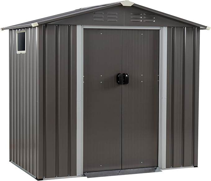Vongrasig 6x4 FT Outdoor Storage Shed, Metal Garden Shed Clearance with Window and Lockable Door, All-Weather Sloping Roof Tool Shed for Backyard, Patio, Grey