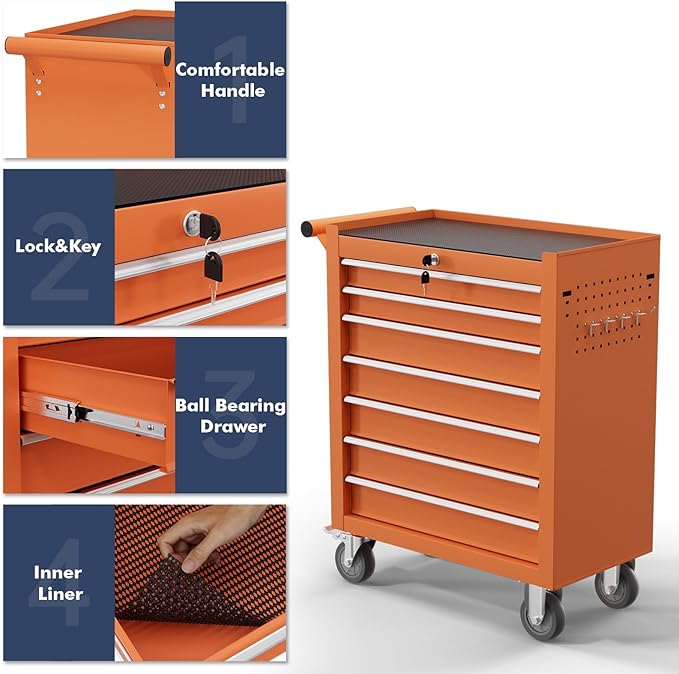 7-Drawer Tool Chest,Rolling Tool Cart with Wheels,High Capacity Tool Cabinet with Locking System for Garage, Warehouse, Workshop-Orange