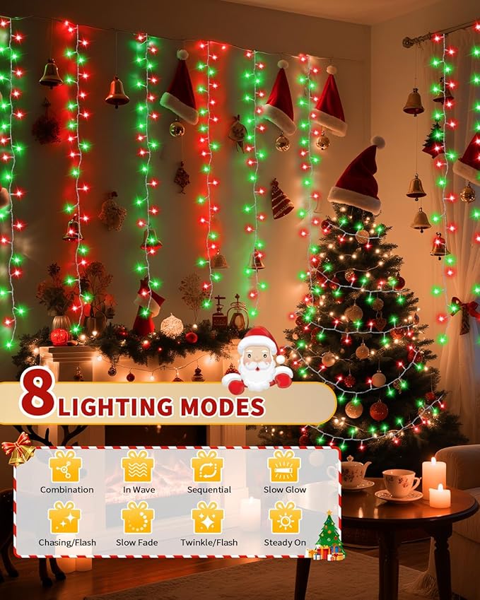 Christmas Lights String Outdoor Indoor, 1200 LED 403FT Red Green Xmas Tree Decorations Lights, Plug in Twinkle Fairy Light with Remote Timer Dimmable for Room Yard Holiday Party Wedding Camping Decor