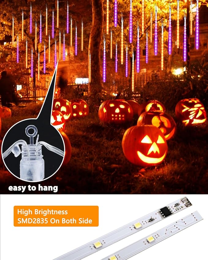 Flacchi Halloween Lights Outdoor 20 Tubes 480 LED Raindrop Meteor Shower Icicle Lights with Timer Function Cascading Light Falling Rain Light for Halloween Orange Purple