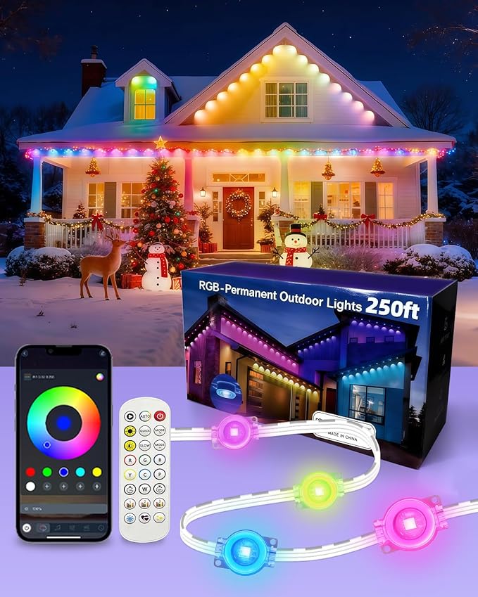 oneup 250FT Permanent Outdoor Lights, Smart RGB Outside Light with 16 Million Colors,App & Voice Control, Music Sync, Waterproof Eaves Lights for Garden House Christmas Patio Decor