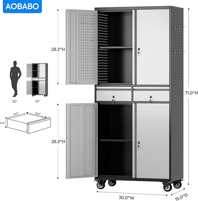 Aobabo 71 H 2 Drawer Metal Storage Cabinet with Wheels and 4 Pegboards,Lockable Steel Garage Storage Cabinet with 2 Adjustable Shelves,Black Sliver,Assembly Required