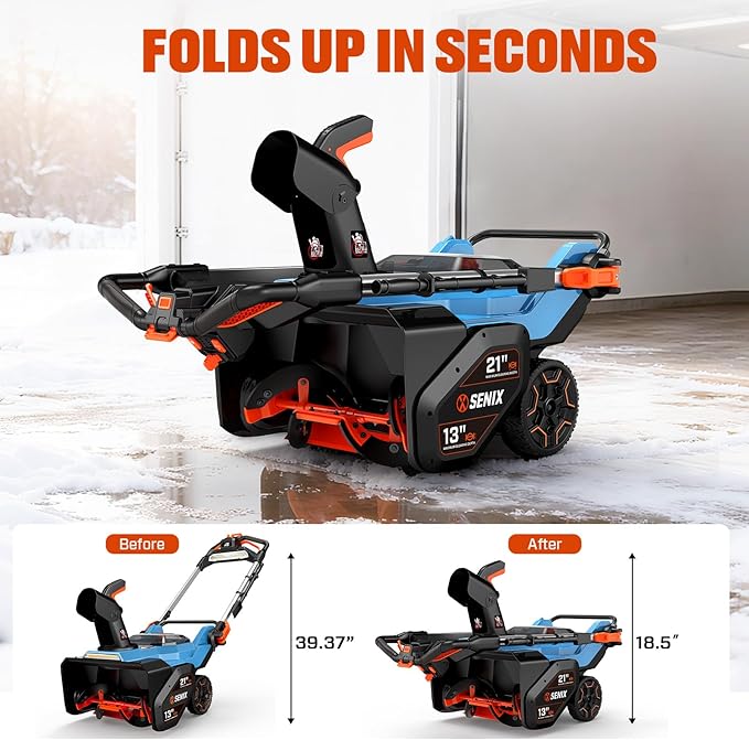 SENIX 60V 21 Auger-propelled Cordless Snow Blower, Steel Auger, 3500W Brushless Motor, Heated Handle,13 Depth, 45FT Throw Distance, LED Lights, 16000mAh Batteries & Dual Port Charger,1200lbs/min