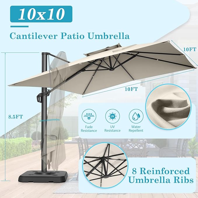 HOTEEL10x10ft Patio Umbrella Cantilever Umbrellas - Upgrade and Intensify - 360 Rotation and 5 Angles Adjustment - Aluminum Offset Pool Umbrella Outdoor Umbrellas for Patio Garden Pool
