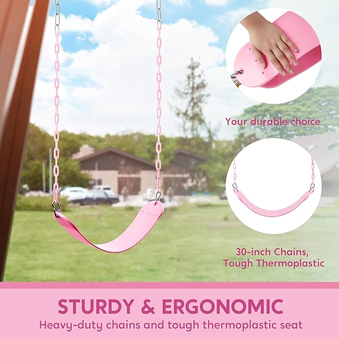 TURFEE Heavy Duty Swing Seat Pink Color with 66¡± Chain, Swing Set Accessories Replacement with Snap Hooks for Kids Outdoor Play Playground