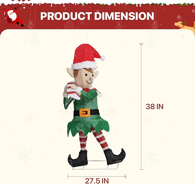 GENIMO 3D Elf Outdoor Christmas Decorations, 70 Lights Pre-Lit Elf with Candy Cane for Holiday Decor Xmas Outside Indoor Home Lawn Yard Garden Patio Stakes Zip Ties(38 in)