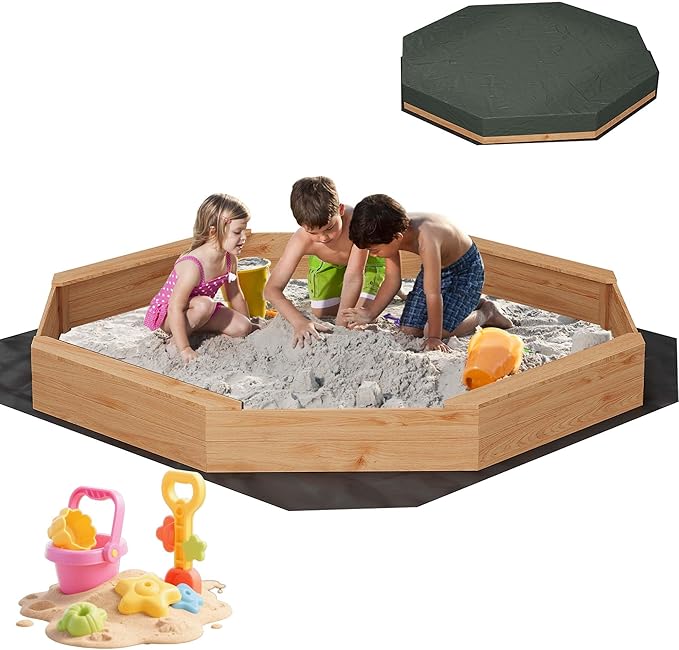 82 Extra Large Wooden Octagon Sandbox with Cover and 4 Bench Seats, Outdoor Kids Sand Pit with Bottom Liner, Fits 6-8 Children, Solid Fir Wood Sandpit for Backyard, Patio, Ages 3-8