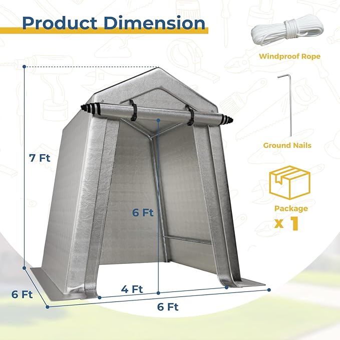 6 x 6 FT Carport, Portable Shed w/220G Heavy Duty Waterproof PE Tarp, Roll-up Zipper Door & Vent, Weather-Resistant Storage Shed for Motorcycle, Bike and Tools, Gray