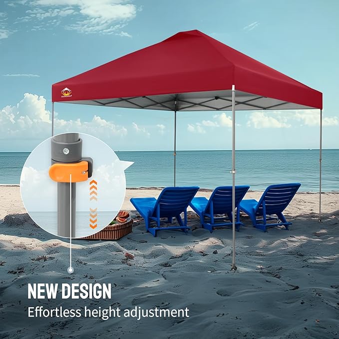 CROWN SHADES Adjustable Height on The Fly, 10x10 Pop Up Canopy - Beach Tent with One Push Setup - Easy Outdoor Sun Shade for Events, Parties, Camping - Outside Shade with STO-N-Go Bag, Red