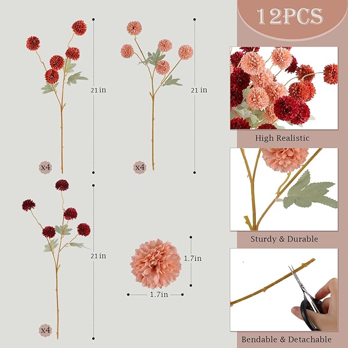 Hananona 12 Pcs Artificial Chrysanthemum Flowers, Orange Kiku Pom Pom Mums Flower Faux Fall Floral for Autumn Halloween Kitchen Table Centerpiece Home Decor (12, Burgundy, Burnt Orange, Deep Peach)