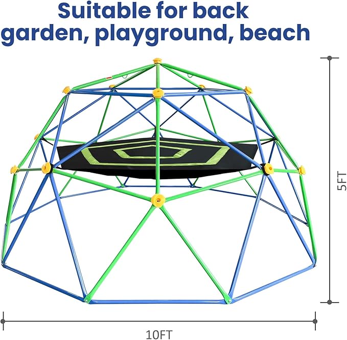 10FT Geometric Dome Climber for Kids 3-12 - Heavy Duty 1000LB Capacity Jungle Gym with Hammock & Climbing Grips, Outdoor Backyard Play Equipment, Easy Assembly