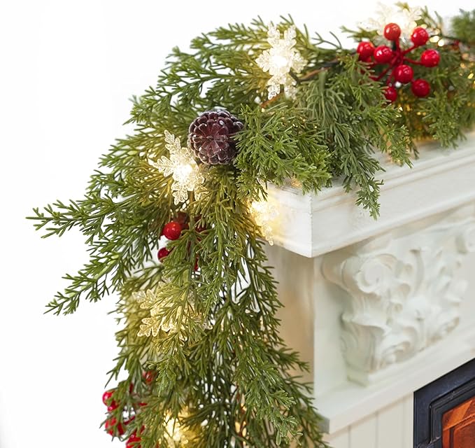 6FT Pre-lit Christmas Cedar Garland Realistic Christmas Garlands Snowflake Lights, Artificial Green Pine Greenery Cypress Garland Decorations Indoor Outdoor Holiday Winter Xmas Decor