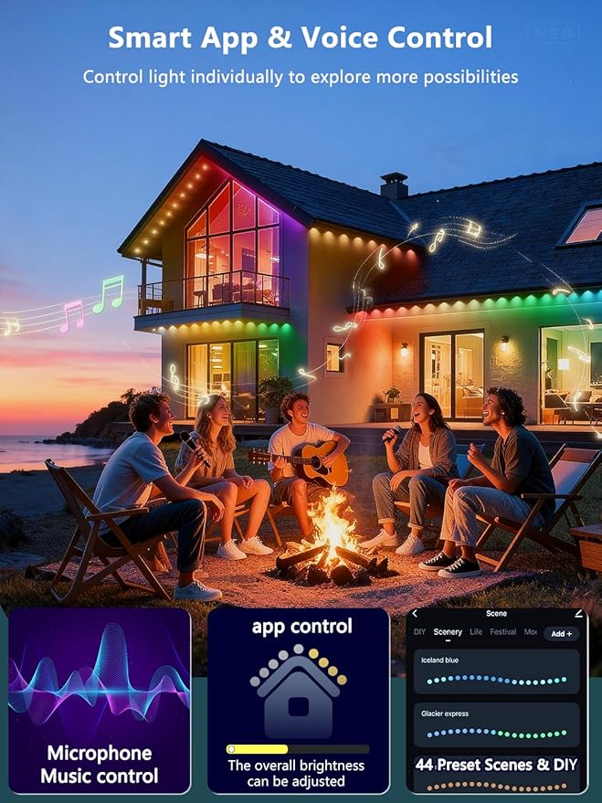 100FT Permanent Outdoor Lights Pro, RGBIC Smart Eave Lights IP67 Waterproof, 120 Scene Modes with 596lm RGB for Outdoor Decorations, Christmas, Smart App/Remote, Compatible with Alexa Google Enabled