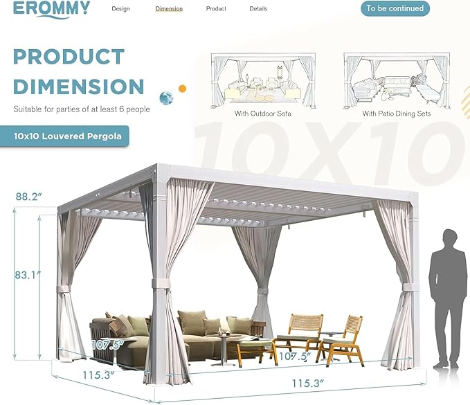 EROMMY Louvered Pergola 10' x 10' Outdoor Hard Top Pergola with Aluminum Frame and Adjustable Metal Rainproof Roof for Garden & Patio, Curtains and Netting Included, White