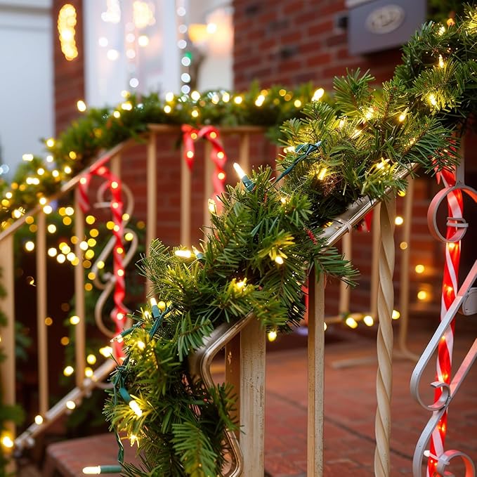 9FT Pre-Lit Artificial Christmas Garland with 50 White Light, Pulg in, Holiday Decorations Garland, Mantle for Indoor Holiday Door Home Decorations Stairs Fireplaces Wall