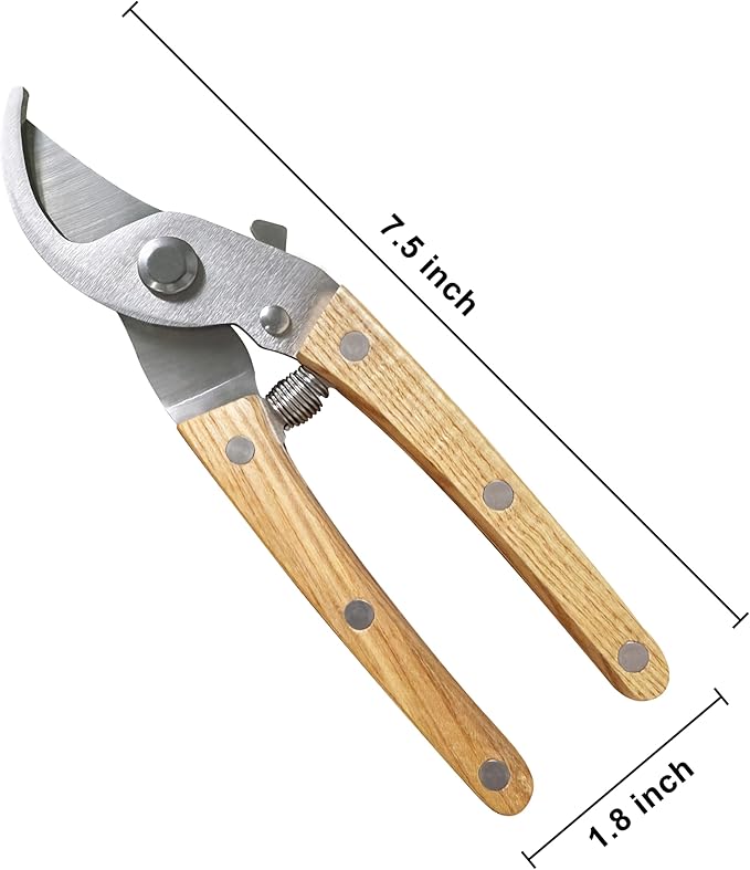 Pruning Shears for Gardening - 7.5 Hand Pruners with High Carbon Steel Blade, 5/8 Cutting Capacity, Ergonomic Wood-Inlaid Steel Handles, Safety Lock & a Spring Included - Garden Clippers