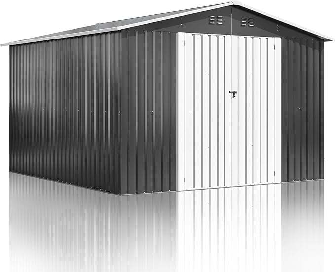 10x10 FT Outdoor Storage Shed, Metal Garden Tool Shed with Updated Frame Structure and Lockable Doors, Ideal for Backyard Garden Patio Lawn, Grey