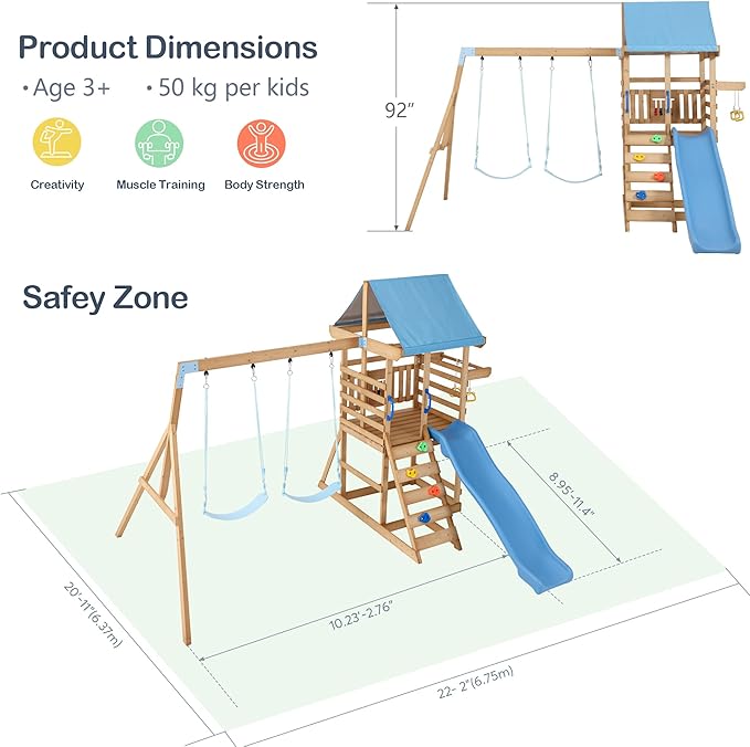 Spruce Wood Swing Set with Wave Slide, Belt Swings, Play Deck, Rock Wall Ladder, Pull up Rings and Puzzle Chess Board, Canopy Roof Outdoor Playset for Backyard