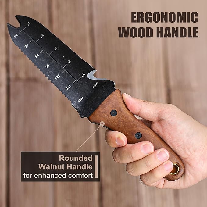 Topline Hori Hori Garden Knife with Oxford Sheath, 7”Stainless Steel Blade with Cutting Edge, Folked Tip Design, Full Tang Walnut Handle, Multifunctional Garden Tools for Weeding, Planting, Cutting