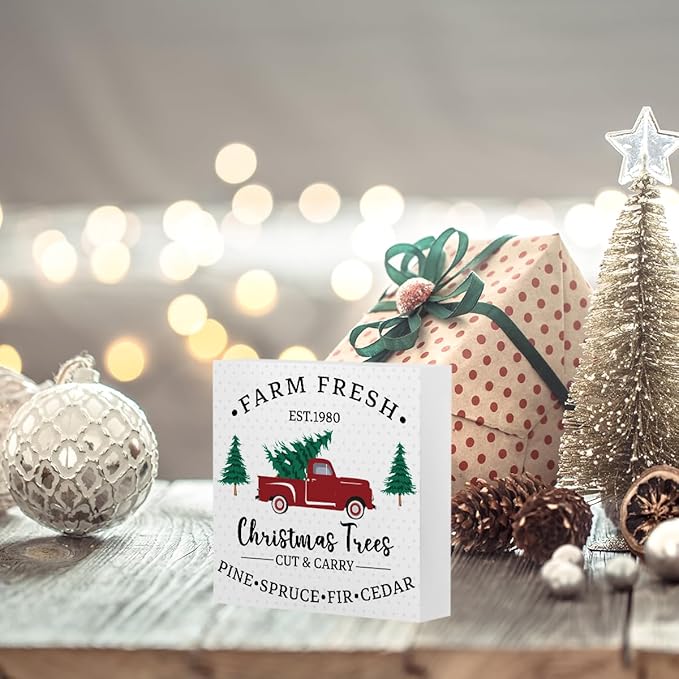 Funny Farm Fresh EST.1980 Sign Christmas Tree Decor Christmas Decorations Indoor Winter Desk Accessories Decoration for Table Home Shelf Office Gifts for Women 5 X 5 Inch
