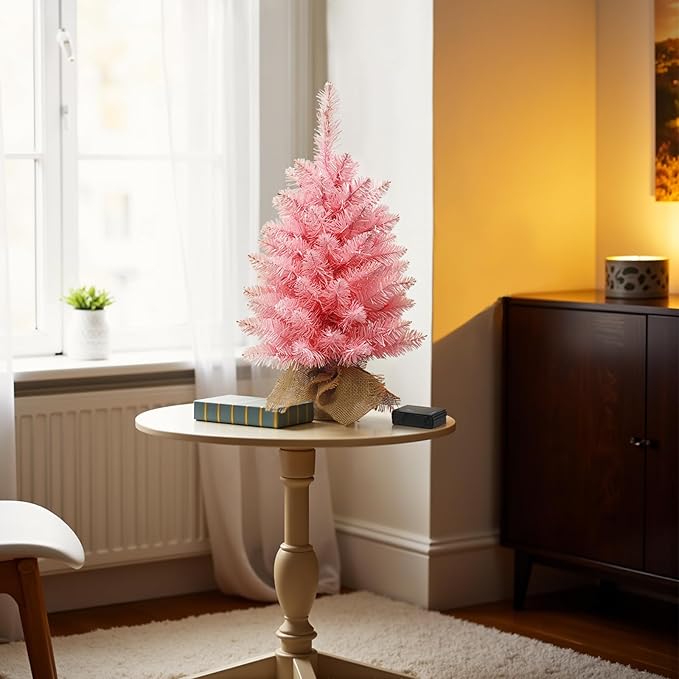 2ft Pink Christmas Tree with 50 Led Warm Lights, Artificial Christmas Tree with 72 Branch Tips, Battery Operated Small Xmas Tree for Table Desk Best Holiday Home Decorations