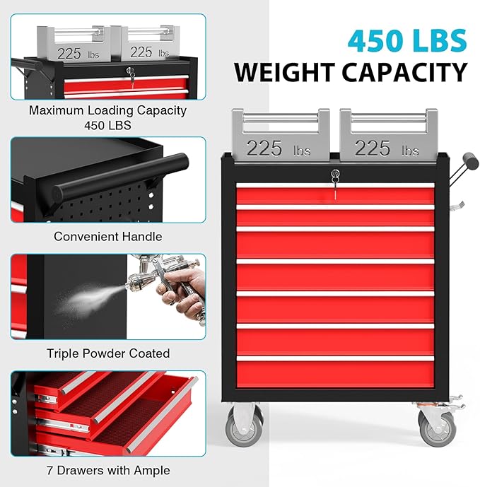 7 Drawers Rolling Tool Box, Portable Storage Tool Chest with Wheels, Toolbox with Lock for Warehouse, Garage, Repair Shop and Tool Room (BlackRed)