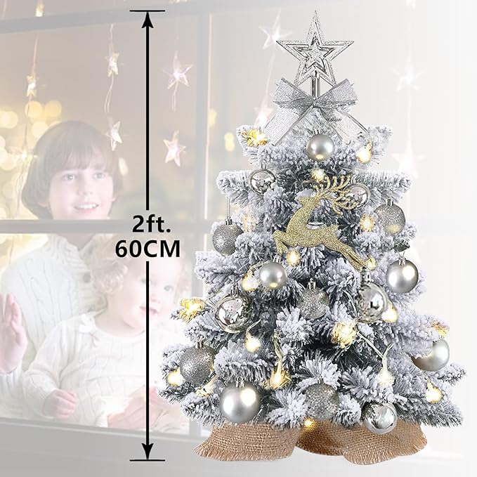 Mini Christmas Tree Prelit, Small Artificial Christmas Tree with Lights, Pre Lit Little Decoration for Table Top Home Cafe Office, Snow Flocked