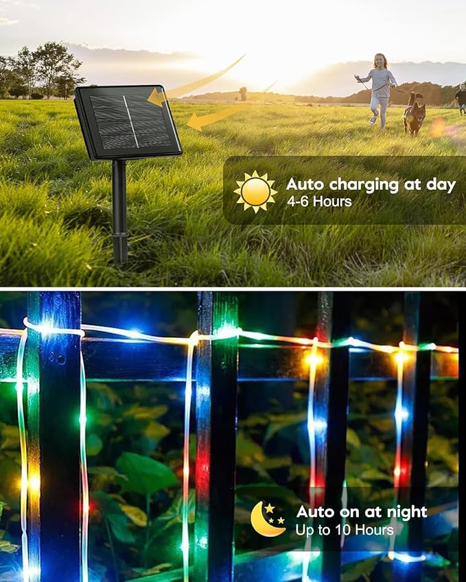 Upgraded 70FT 200 LED Solar Rope Lights, Timer & 8 Modes Trampoline Accessories Solar String Lights, IP65 Waterproof Solar Powered Fairy Lights for Party Garden Yard Tree Camp(Multi Colored)