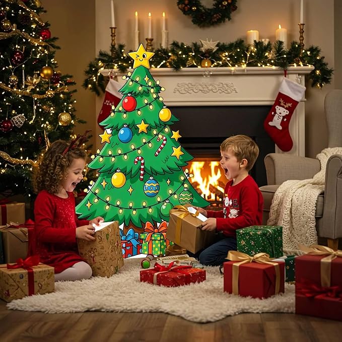 Christmas Tree Cardboard Cutouts, 4mm Corrugated Plastic Standee Decorations, Indoor Outdoor Xmas Yard & Party Décor, Photo Booth Prop, 4FT, Style 2