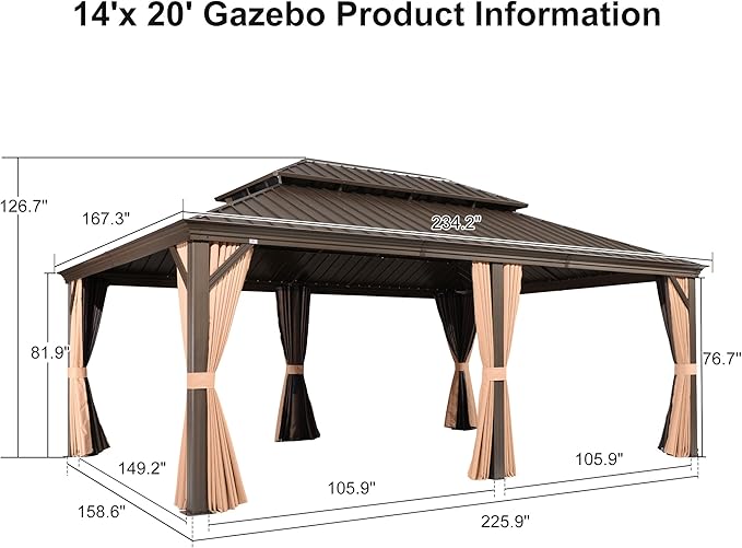 PURPLE LEAF 14' X 20' Outdoor Hardtop Gazebo Patio Wide Aluminum Frame Metal Double Roof with Heavy Duty Netting and Curtains for Permanent Hard Top Pavilion Screen, Khaki