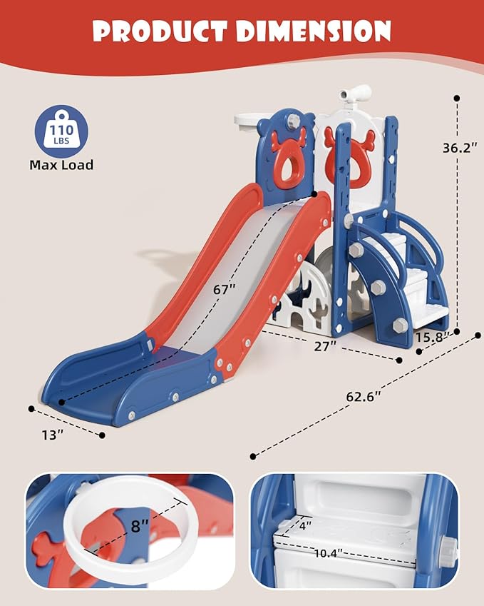 XJD 7 in 1 Toddler Slide, Kids Indoor Slide for Toddlers 12-36 Months, New Upgrade with Golf, Basketball Hoop for Indoor Outdoor Playset,Birthday Gifts for Toddler (Blue Red)