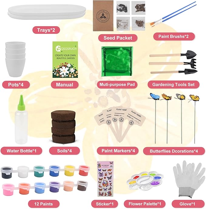 QSQSRUCH 4 Set Flower Garden Kit for Kid, Painting & Plant Kits for Ages 4-8,Arts and Crafts Set, Girls Gifts 8-10,Girls Toys Age 6-8, Gift for 4 5 6 7 8 9 10+ Year Old Girl
