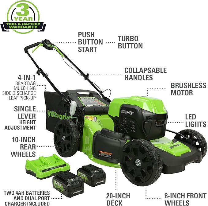 Greenworks 48V (24V x 2) All-in-One Cordless Combo - 20" Push Lawn Mower, 12" String Trimmer, 320 CFM Leaf Blower & 3/8" 18 GA Crown Stapler
