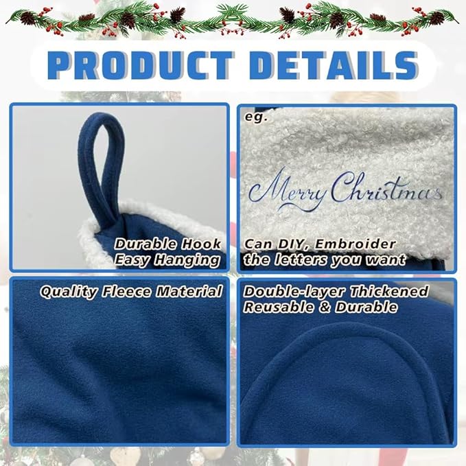 Christmas Stockings for Family Holiday Decorations and Xmas Tree Fireplace (6, Navy Blue-Grain-Large)