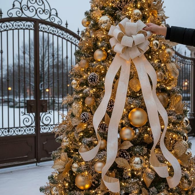 CT CRAFT LLC Ivory Velvet Metallic Backing Christmas Tree Topper Bow 11" with 4 Ribbon Streamers x 3 Yards Long Each for Holidy Elegant Fancy Home Décor Indoor
