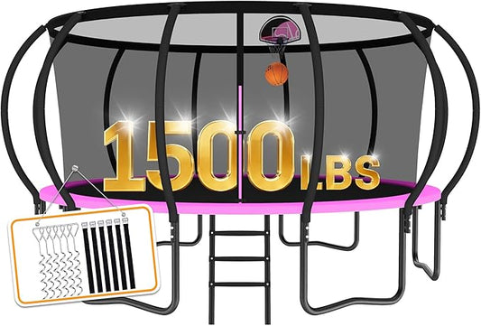 Tranpoline 1500LBS 8 10 12 14 15 16 FT Tranpoline for Kids and Adults Tranpoline with Enclosure Net, Wind Stakes, Basketball Hoop, Heavy Duty Recreational Tranpolines - ASTM Approved