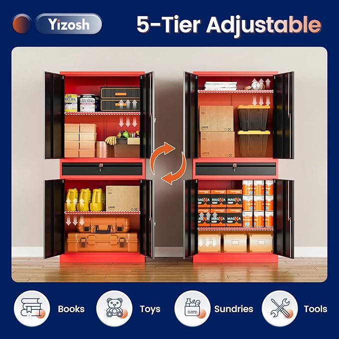 Yizosh Metal Garage Storage Cabinet with Locking Doors and Adjustable Shelves,- 71 Tool Storage Cabinet with 1 Drawer for Garage,Office,Warehouse