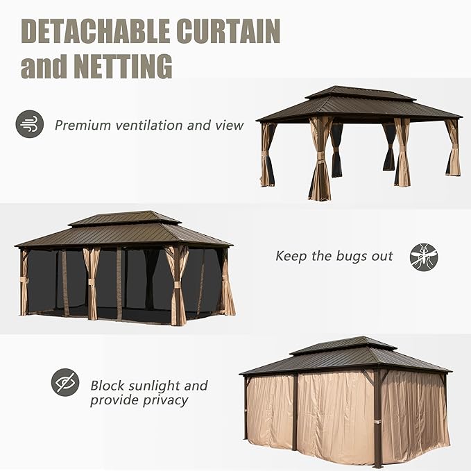 Domi 12’ x 18’ Hardtop Gazebo Aluminum Frame Canopy with Netting & Curtains, Outdoor Permanent Metal Pavilion with Galvanized Steel Double Roof for Patio Lawn and Garden, Brown