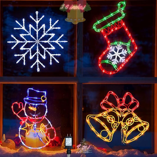 16" Christmas Window Silhouette Lights Decorations - 4 Pack Colour Lighted Snowman ＆ Christmas Stocking ＆ Bell＆ Snowflake for Holiday Wall Door Window Decorate