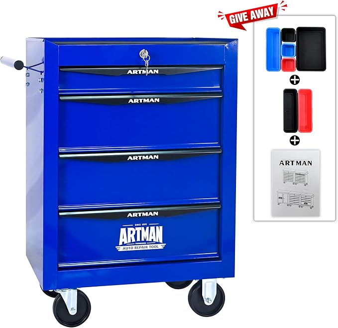 RYH 4 Drawers Rolling Tool Chest - 13 D x 20.9 W x 30.5 H Heavy Duty Mobile Tool Cart with Locking Wheels & Ball Bearing Drawers, Garage Tool Storage Cabinet (Blue, 4 Drawers)