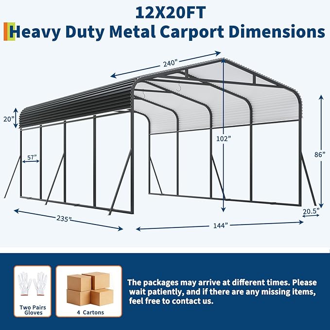 Metal Carport, 12x20 FT Outdoor Carport Canopy with Reinforced Base and Galvanized Steel Roof, Heavy Duty Garage Car Shelter Shade for SUV, Truck, Boats