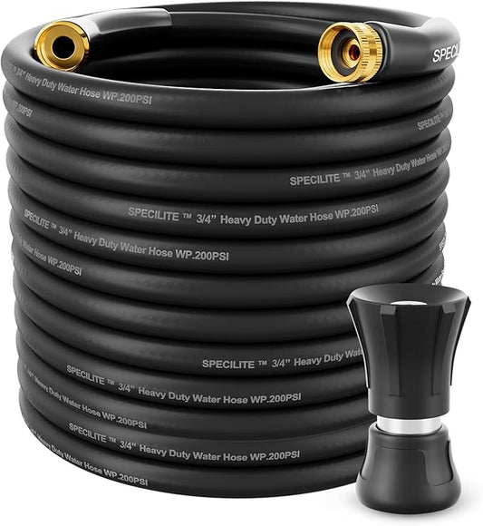 SPECILITE 3/4 Garden Hose 200 ft with High Flow Nozzle, Heavy Duty Flexible Hybrid Rubber Water Hose for Outdoor, Lightweight, Leak-Proof, No-Kink, 3/4Brass Fittings,Black